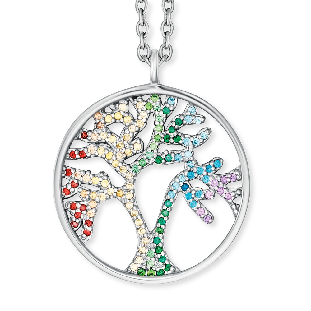 Kette mit Anhänger Lebensbaum Silber mit Zirkonia Multicolor